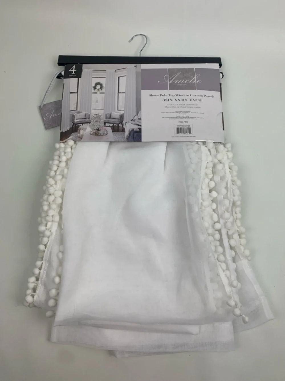 Amelie Sheer Pole Top Window Curtain Panels with Pom Trim White 38x84 NEW NWT